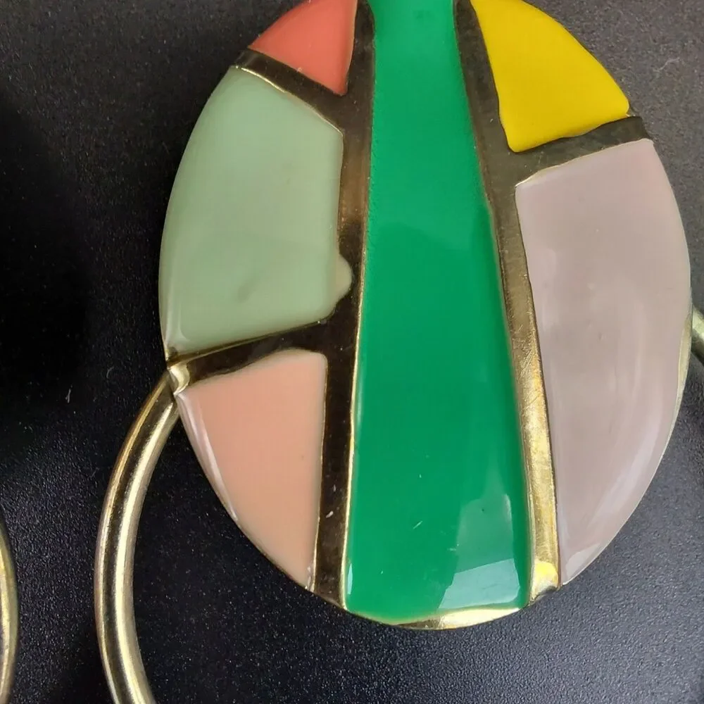 Door Knocker Enamel Earrings Clip On Vtg 80's Memphis Style Geometric Bold